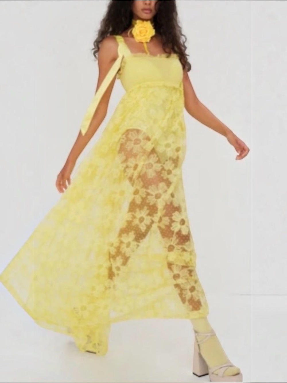 NWT For Love and Lemons Emma Floral Sheer Maxi Dress Yellow Size Small S